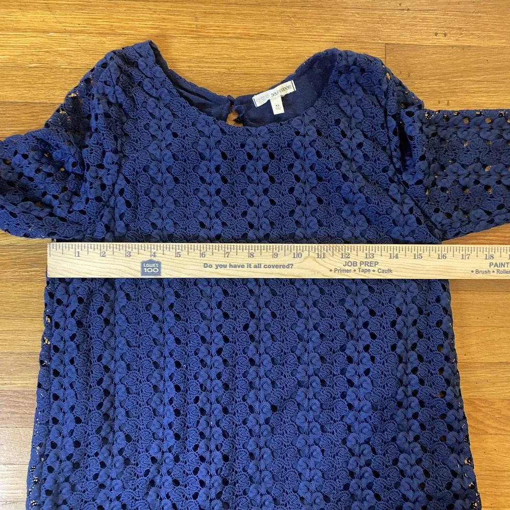 Self Esteem Shirt Womens XL Navy Crochet Lace Long Sleeve Scalloped Hem Lined